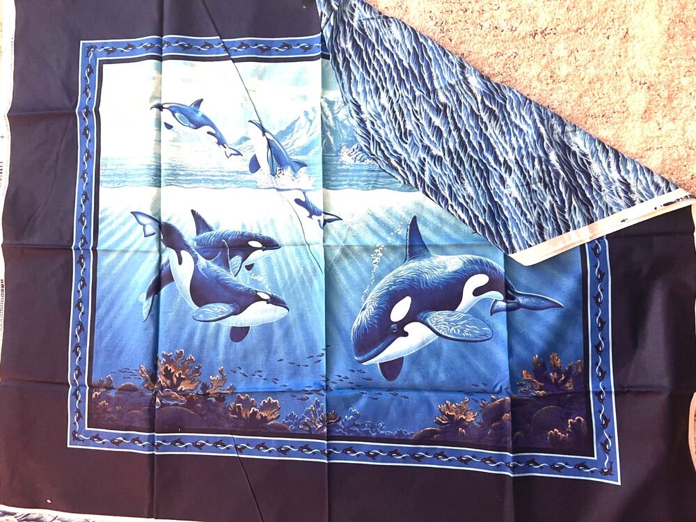Vtg Cranston Orca Killer Whales Sewing Fabric Quilt Panel + Backing Piece Ocean